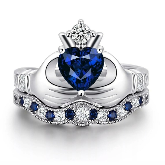New Heart Shaped Blue Sapphire Silver Claddagh Ring Set. - Picture 4 of 4